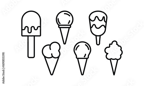 Six Tasty Cream Yummy Food Outline Thick Border Vector Illustration