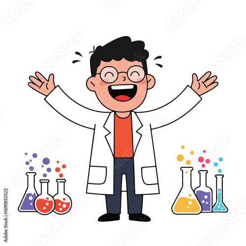 Cartoon scientist with arms raised wearing lab coat Beakers with colored liquids are in front and to the sides