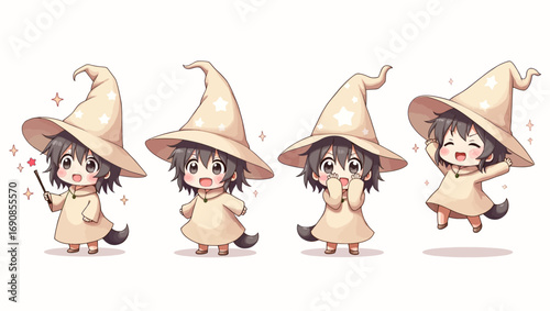 Adorable chibi wizard character set with different emotional poses, a cute anime boy in a magical hat and robe with a wand