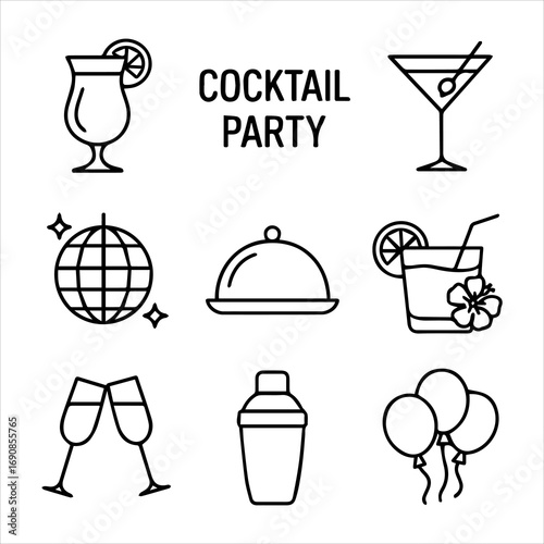 Cocktail Party Icon Set Drinks Food and Festive Elements.