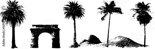 Grunge black and white oasis elements - palm trees and arch design for urban art