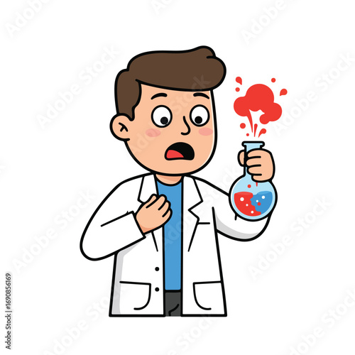 Cartoon scientist with surprised expression He holds a beaker with red exploding liquid