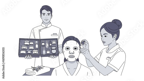 Professional makeup artist applying cosmetic products to a client s face with a makeup kit displayed by a colleague in a clean studio setting