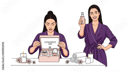 Two smiling women in purple robes unboxing a beauty subscription box filled with skincare products and holding a perfume bottle
