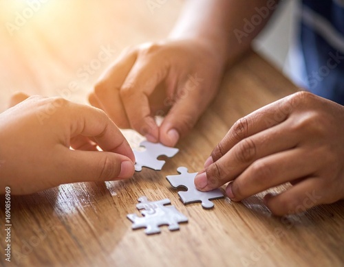 Hands of a team connecting jigsaw puzzle pieces on a wooden table, a powerful metaphor for collaboration, problem-solving, and finding a shared solution