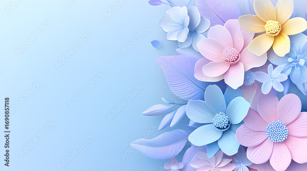 Obraz premium Pastel floral background with delicate paper flowers, soft blue gradient, gentle leaves, and calm, serene spring mood