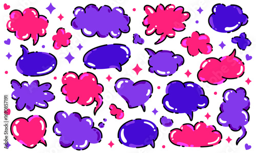 Collection of speech bubbles and thought clouds in pink and purple. Comic style empty shapes for messages, dialogue, chat, creative notes, emotions. Conversation text balloon. Communication frame.