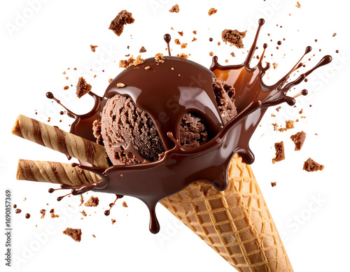 Delicious Ice Cream Explosion with Chocolate Splash and Wafers – Hyper-Realistic PNG
