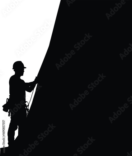 Silhouette of construction worker climbing roof with safety harness, helmet, and equipment, representing roofing, high-rise construction, and elevated work safety practices