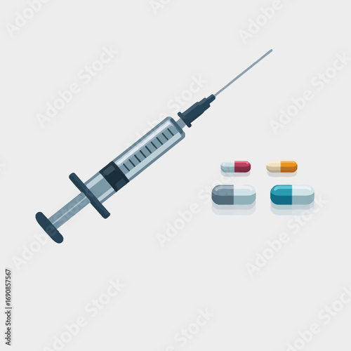 Healthcare and medicine icons featuring a disposable syringe for injection and a collection of antibiotic capsules on a clean background