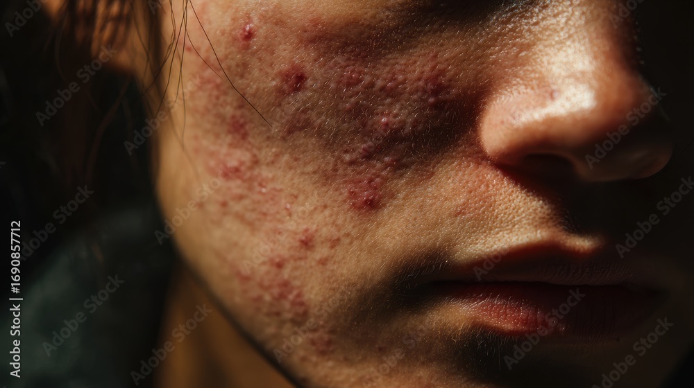 Obraz premium acne on woman face with rash skin, scar, and red skin syndrome allergic to cosmetics, use steroids, dermatology, inflammation, infection, hygiene