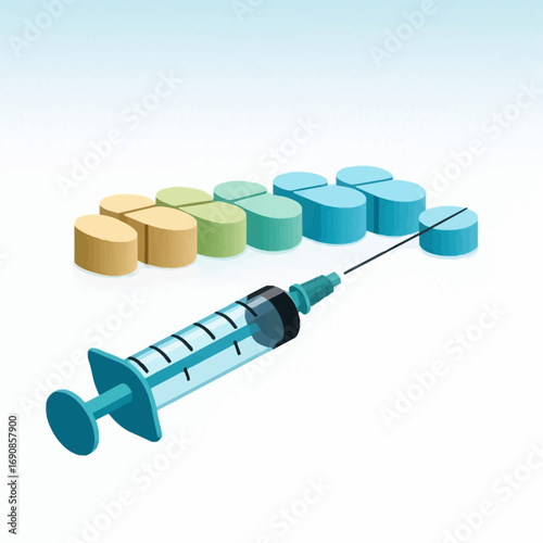 Medical syringe and colorful pills on a light blue background representing healthcare and medication