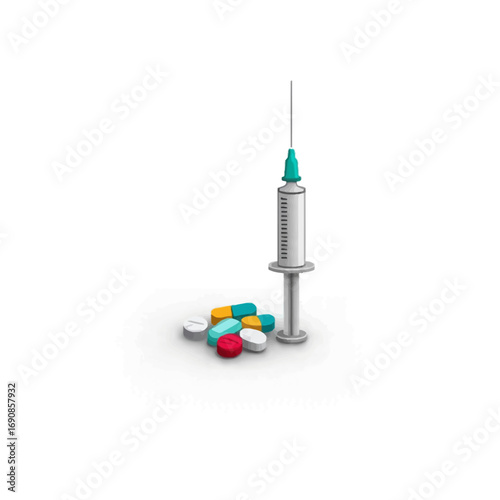 Medical syringe and pills, representing healthcare, treatment, and pharmaceutical concepts in a visual medical context
