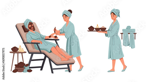 Relaxing spa treatment with a woman receiving a facial mask and a therapist offering refreshments and towels