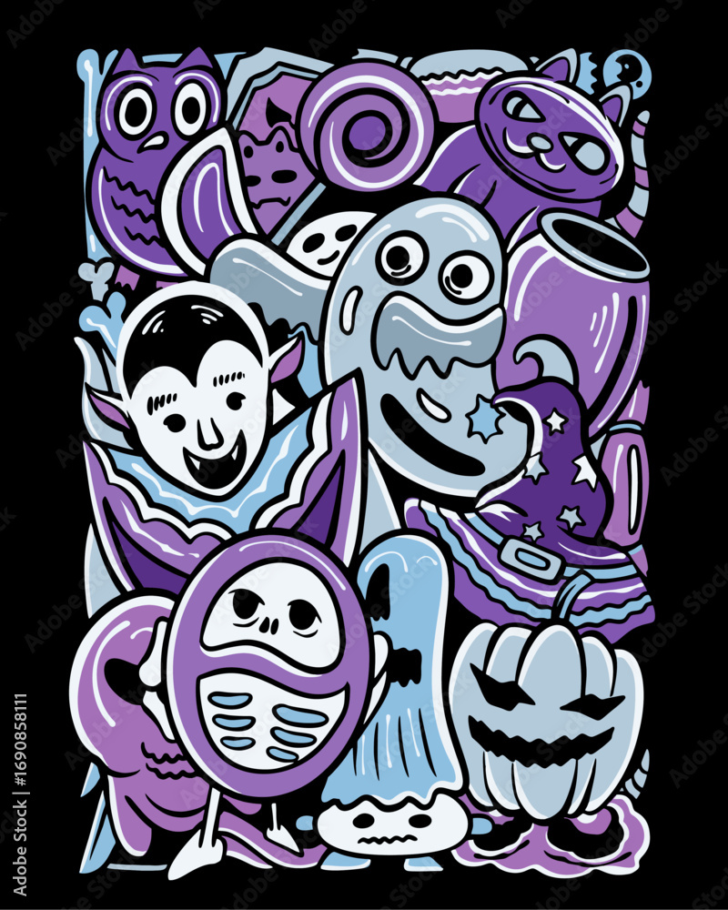 Fototapeta premium whimsical halloween vector doodle with spooky ghost, pumpkin, witch hat