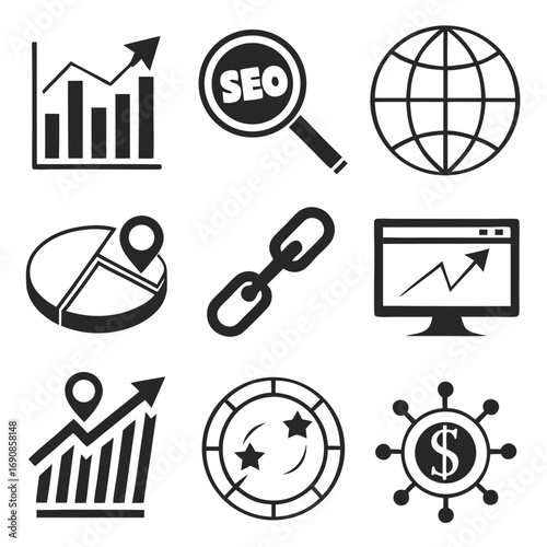 A collection of nine black and white vector icons representing digital marketing concepts including seo global reach data analysis link building website performance and financial growth strategies
