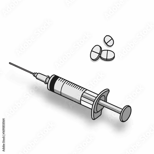 An essential illustration of medical tools, featuring a sterile syringe and various medication pills, representing crucial elements for healthcare, treatment, and pharmaceutical needs in modern health
