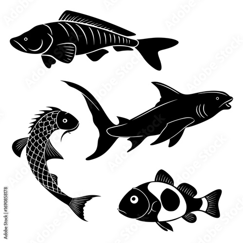 Collection of black silhouette illustrations of diverse fish species including a carp a shark a koi fish and a clownfish against a white background