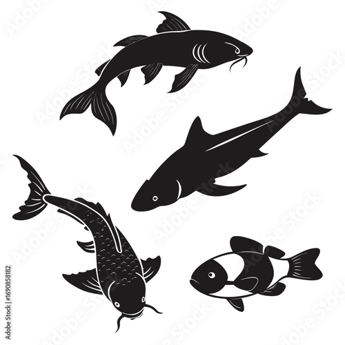 A collection of four distinct black silhouette fish illustrations including a koi carp a shark a catfish and a clownfish set against a clean white background for versatile design applications