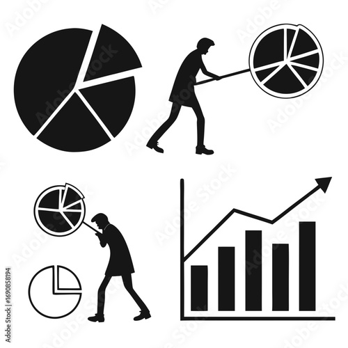 Business analytics and growth concepts illustrated with pie charts bar graphs and silhouetted figures manipulating data visualizations for strategic planning and financial success