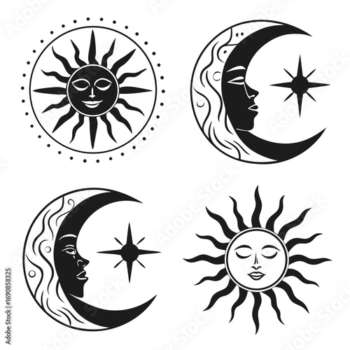 Celestial icons featuring stylized sun and crescent moon faces with stars and decorative elements in a black and white graphic design