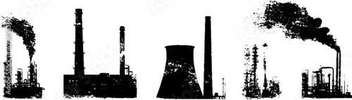 Industrial chimney silhouettes in grunge black and white ink style for urban design