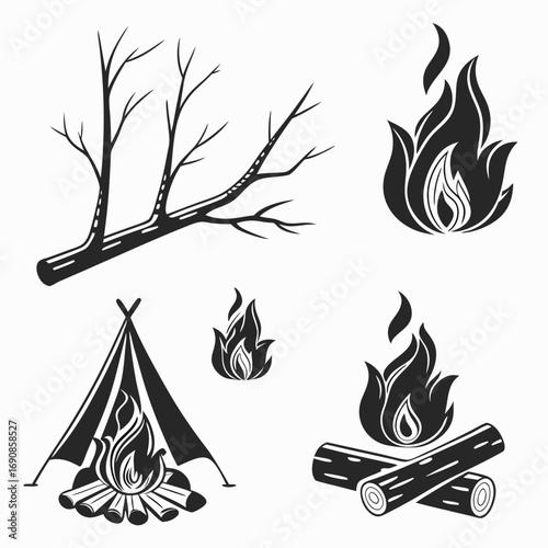 Collection of stylized black and white graphic icons representing elements of camping and outdoor life including a campfire with logs and a tent a burning flame and a bare tree branch