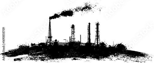 Industrial grunge oil refinery silhouette in black and white for urban art and design