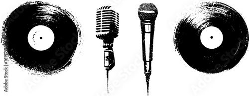 Retro music elements in grunge style: vinyl records and microphones for vintage design