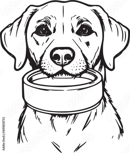 Cute dog holding food bowl in mouth, outlined cartoon pet portrait illustration in simple minimal vector art