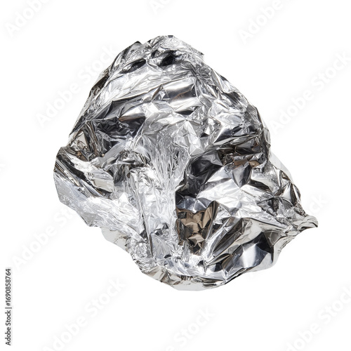 shiny metallic aluminum foil ball on plain background
