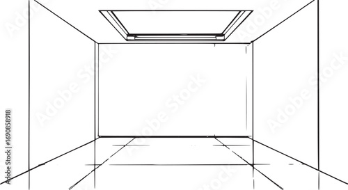 "Minimal line art perspective room with open ceiling window, geometric interior black and white design"
