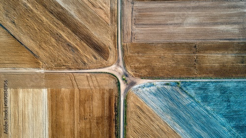 Aerial View of Agricultural Fields with Varied Crop Patterns and Textures in Rural Landscape