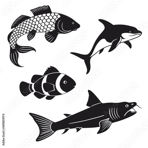 A collection of stylized black and white silhouette illustrations of various marine and freshwater fish including a carp a clownfish a dolphin and a shark against a white background