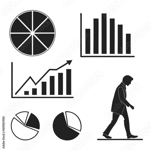 Collection of business and financial data visualizations including bar charts pie charts and a silhouette of a businessman walking