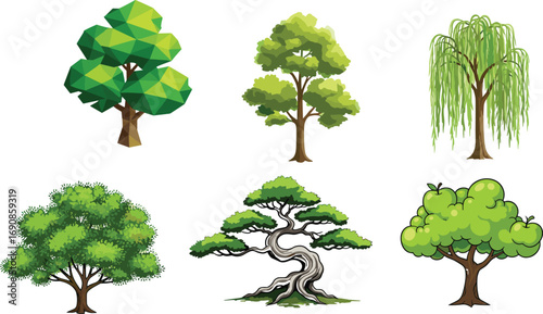 Tree illustrations, low‑poly, willow, bonsai, deciduous, apple tree, stylized nature art, forest plants, botanical design, garden, foliage, landscape icons