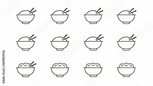 A collection of twelve bowls of rice with chopsticks in a grid pattern on a white background image here
