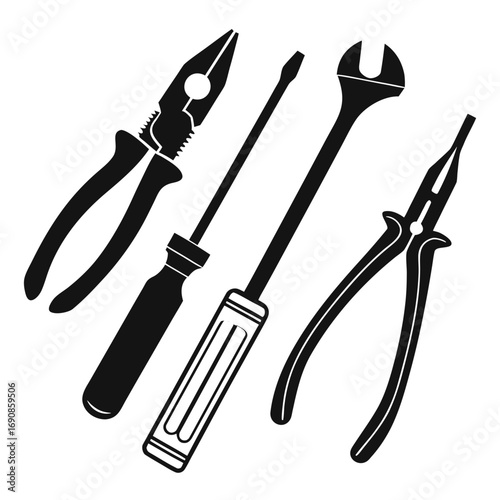 A collection of essential hand tools including pliers a screwdriver a wrench and long nose pliers presented as black silhouettes on a white background symbolizing repair and diy projects