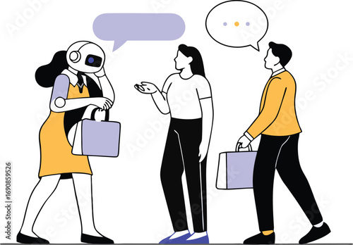 Robotic head character with bags interacting with people vector illustration white background