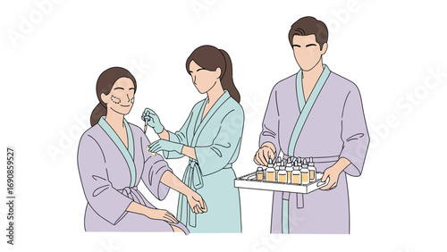 Young woman receiving acupuncture treatment from a practitioner in a traditional japanese spa setting with a male assistant holding supplies