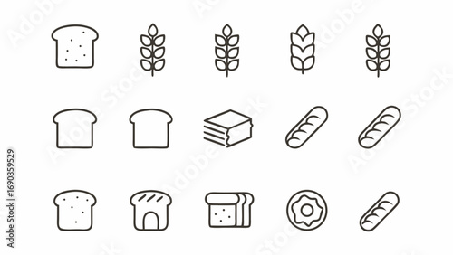 A collection of bakery icons featuring bread slices, wheat stalks, baguette, donut and stack of bread slices