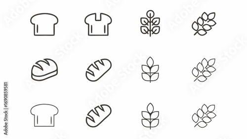 Illustration showing various types of bread loafs and wheat stalks in a simple line drawing style design