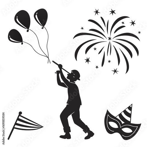 Silhouette of a person blowing a party horn with balloons fireworks a festive flag and a masquerade mask celebrating a special occasion or holiday event