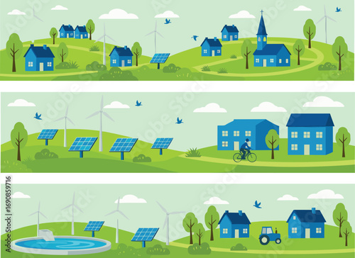 Eco village banners with houses, solar panels, wind turbines, bicycle, and countryside landscapes promoting renewable energy and green living