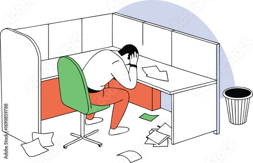 Vector illustration of overwhelmed person slumped at office desk in cubicle eps white background