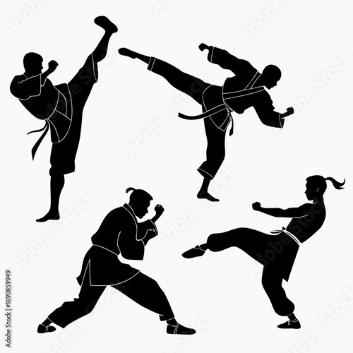 Dynamic silhouettes of martial artists performing powerful kicks and punches in various combat stances showcasing strength agility and discipline