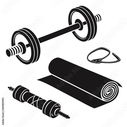 A collection of black silhouette fitness equipment including a barbell a rolled up yoga mat a resistance band and a small dumbbell isolated on a white background