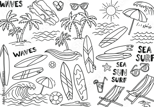 Beach doodle set with surfing, palm trees, waves, summer vacation icons, tropical sea holiday elements, hand-drawn outline vector illustration