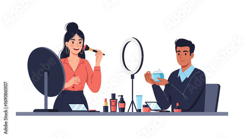 Diverse young influencers demonstrating makeup application and beauty product reviews for online video content creation with ring light setup
