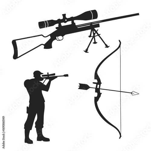 Silhouette collection featuring a sniper rifle with bipod a hunter aiming a rifle with scope and a bow and arrow ready for shooting representing precision and skill in outdoor activities